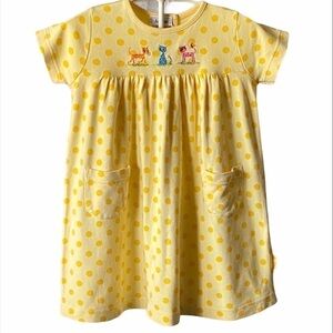 LE TOP- yellow dot dress, embroidered cats on bodice, three snap back